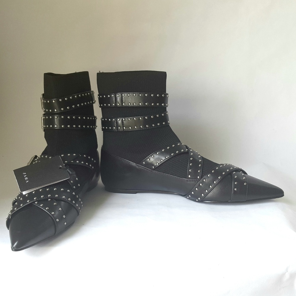 ZARA BUCKLED FLAT SOCK ANKLE BOOTS SIZE 6½-37 - Picture 4 of 5
